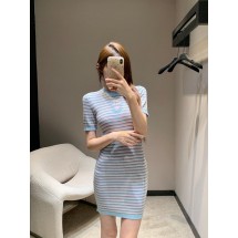 샤넬 카툰 패턴 스트라이프 라운드넥 반팔 니트 맥시 원피스 (해외배송)